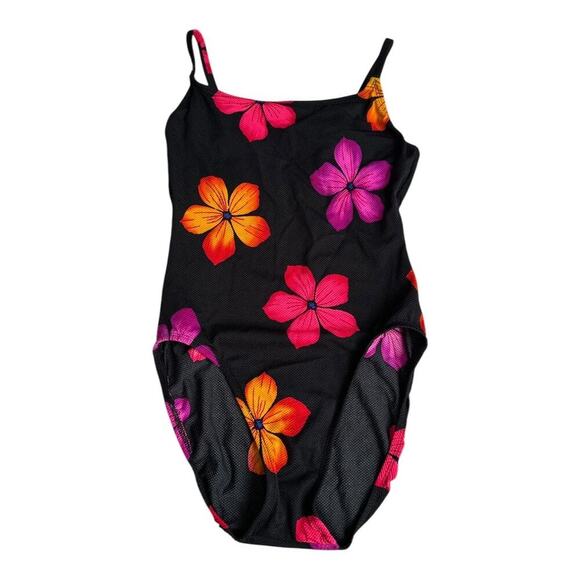 90s swimsuit medium one piece bathing suit black with bright flowers​ - Picture 2 of 10